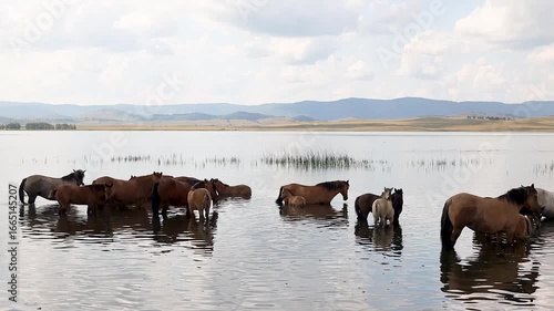 Wallpaper Mural Herd of  horses wading through calm water in a serene landscape, showcasing natural beauty and wildlife in harmony	 Torontodigital.ca