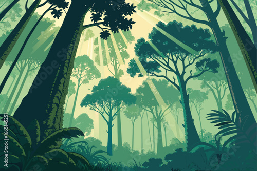 Dense tropical rainforest with tall trees and sun.