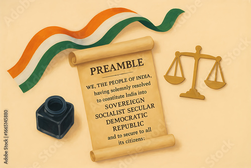 Hand painted preamble of indian constitution on scroll with tricolor flag ribbon, ink pot and justice scale symbol for constitution day celebration