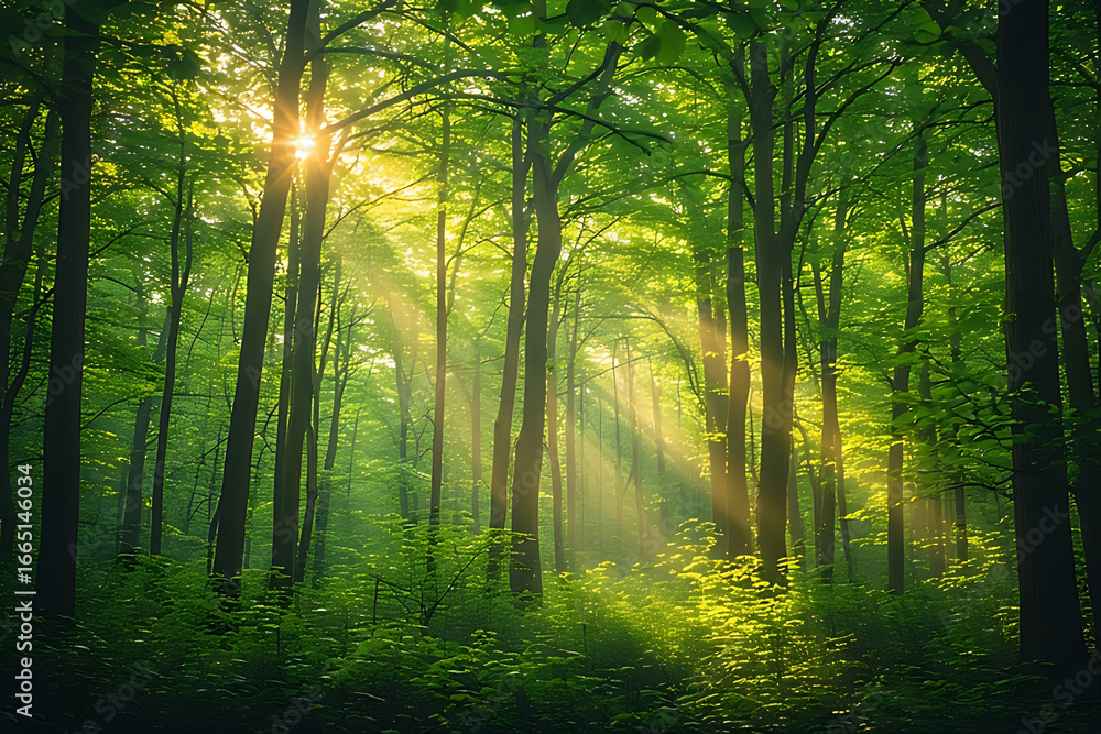Obraz premium Sunbeams filtering through lush green forest canopy
