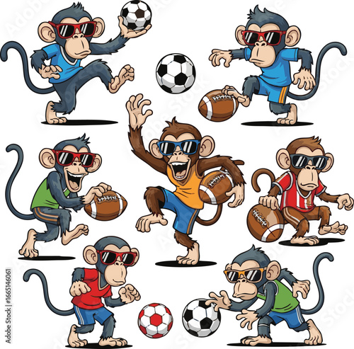 create need a kinds of different Drawing Monkey ware in sunglass play with football victor art on white background.