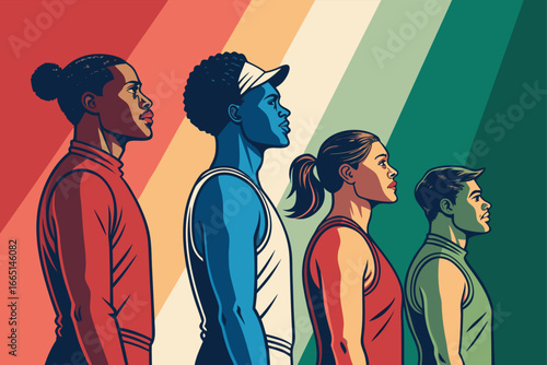 Diverse athletes united, standing strong side-by-side.