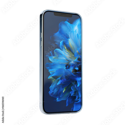 Sleek smartphone, silver frame, displaying vibrant blue floral wallpaper