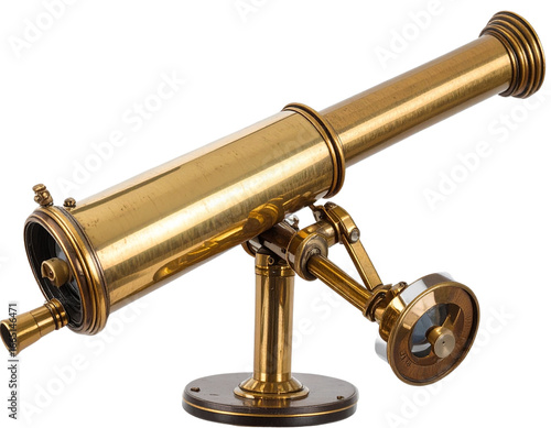  Vintage Brass Spyglass Telescope Extended, Side View, Isolated on Transparent Background