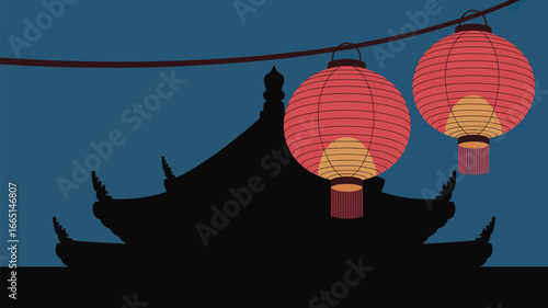 Illustration of two red chinese lanterns hanging above a silhouetted building against a dark blue sky