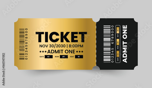 Golden ticket admit one event pass with barcode for entry and special occasions