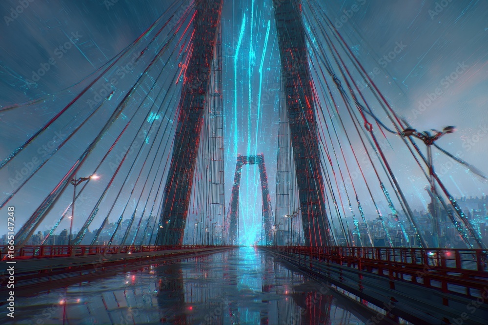 Fototapeta premium Red bridge with blue data streams across, night sky, traffic, modern infrastructure