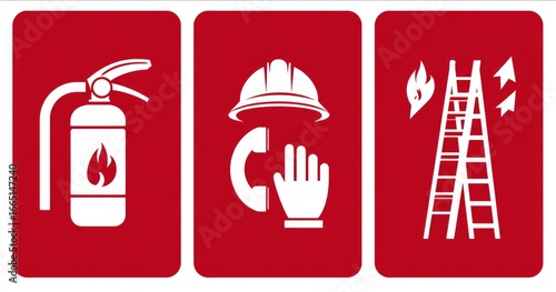 Three red rectangular safety signs; a fire extinguisher, hard hat with emergency call, and a ladder depicting fire safety procedures