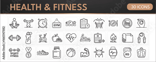 Health & Fitness Icons: yoga, gym workouts, swimming, diet and nutrition, heart health, stretching, weightlifting, equipment, calorie tracking, cardio, hydration, sports and wellness, fitness routines