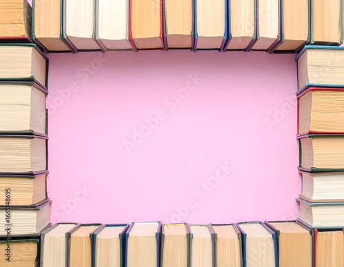 Creative flat lay composition of a rectangular frame made from vintage hardcover books, surrounding a central pink copy space for text. Concept of knowledge, education, and literature