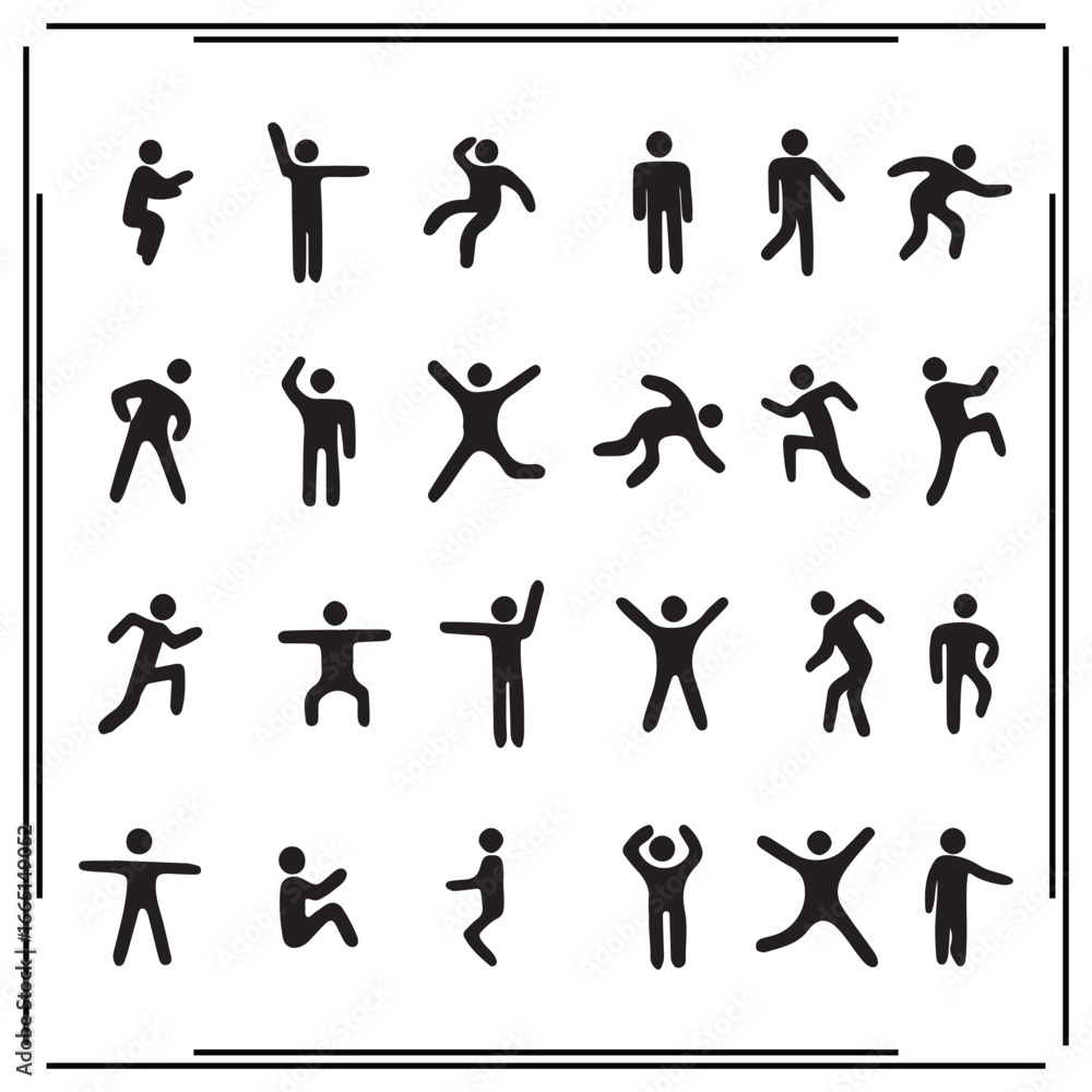 Naklejka premium Human Movement Icons Set - Stick Figure Dance Poses, Active Lifestyle Silhouettes, Fitness and Exercise Stickman, Vector Human Body Illustrations