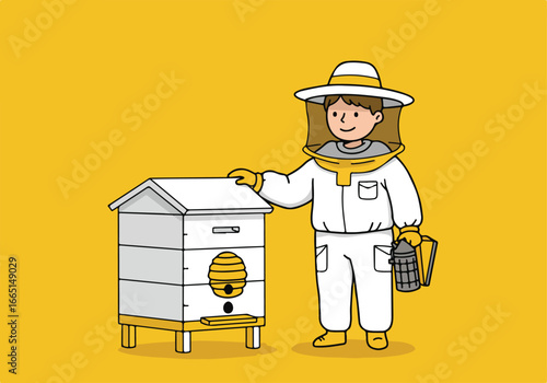 Beekeeper near beehive, tending to bees, bright yellow background, for gardening