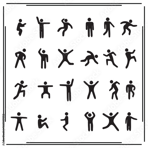 Human Movement Icons Set - Stick Figure Dance Poses, Active Lifestyle Silhouettes, Fitness and Exercise Stickman, Vector Human Body Illustrations