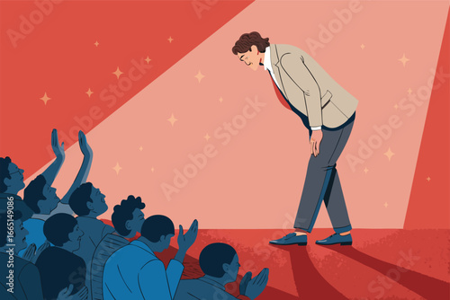 Entrepreneur bowing after successful pitch to an applauding audience.