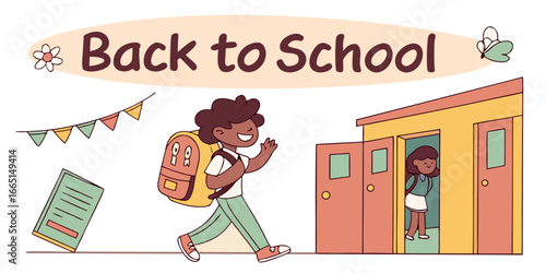 Excited children with backpacks happily heading back to school, ready for new adventures and learning experiences.