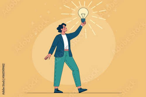 Entrepreneur with glowing lightbulb symbolizes innovation.