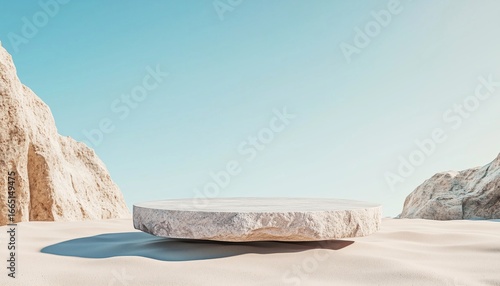 Mockup Platform Podium For Skin Care Or Cosmetics On Grunge Nature Stone Above Beige Beach Sand With Clear Blue Sky Background.
