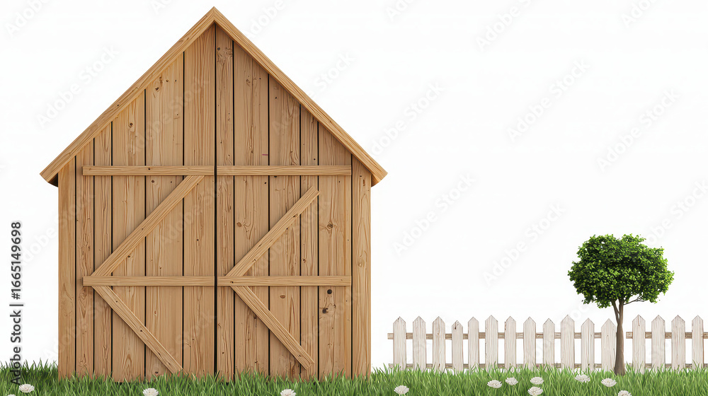 Fototapeta premium Wooden barn with rustic design stands beside white picket fence and small tree, creating serene countryside scene