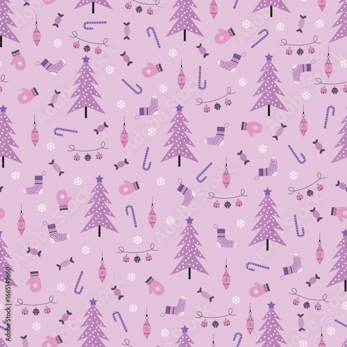 Christmas tree and ornaments vector seamless pattern. Holly jolly Xmas surface design of pine trees, candy canes, mittens, jingle bells, socks, baubles and snowflakes on lavender background