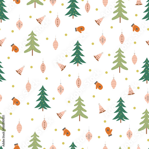 Christmas tree and ornaments vector seamless pattern. Holly jolly Xmas surface design of pine trees, mittens, baubles, jingle bells and polka dots on white background
