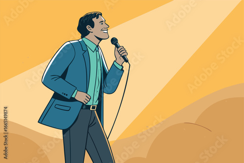 An entrepreneur nervously pitches into a microphone.