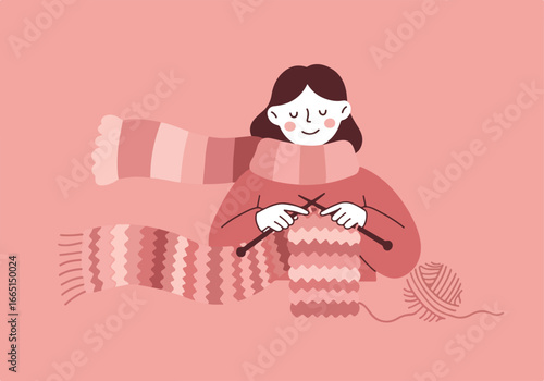 Woman knitting a scarf, creating a cozy atmosphere, perfect for lifestyle blogs