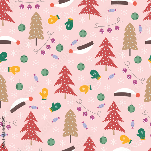 Christmas tree and ornaments vector seamless pattern. Holly jolly Xmas surface design of pine trees, mittens, jingle bells, baubles and snowflakes on pink background