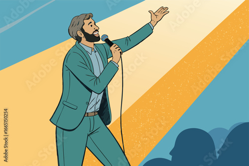 Entrepreneur nervously holds microphone, pitching.