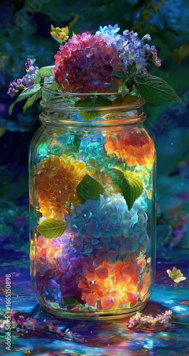Vibrant hydrangeas and other blossoms in a glass jar, illuminated from within, creating a magical, dreamlike effect against a dark, painterly background