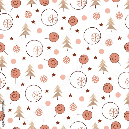 Christmas tree and ornaments vector seamless pattern. Holly jolly Xmas surface design of pine trees, stars, baubles, lollipops, snowflakes and polka dots on white background
