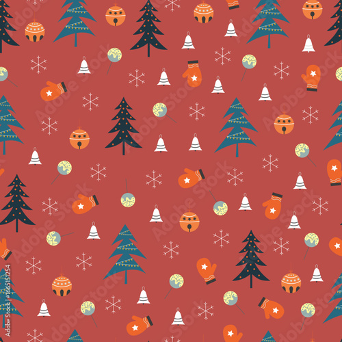 Christmas tree and ornaments vector seamless pattern. Holly jolly Xmas surface design of Pine trees, stars, presents, stars, candy canes and polka dots on deep chestnut background