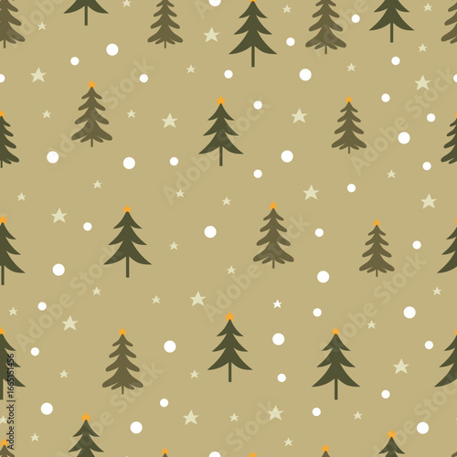 Christmas tree vector seamless pattern. Holly jolly Xmas surface design of pine trees, stars and polka dots on ecru background