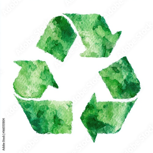 Watercolor rendering of a recycling symbol, showcasing varying shades of green with a textured, slightly mottled appearance