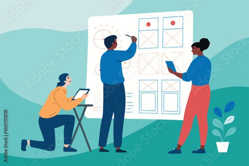 Entrepreneurs sketching app design on whiteboard.