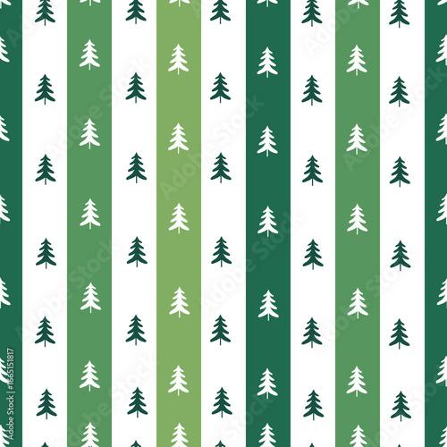Christmas trees on stripes vector seamless pattern. Holly jolly Xmas surface design of pine trees, stars, balloons, baubles and snowflakes on vertical striped background