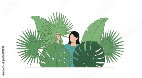 A serene woman is playfully peeking through a vibrant assortment of lush, stylized green foliage, creating an immersive natural hideaway.