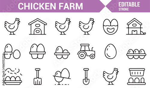 Chicken farm and egg production icons for farm and agriculture designs