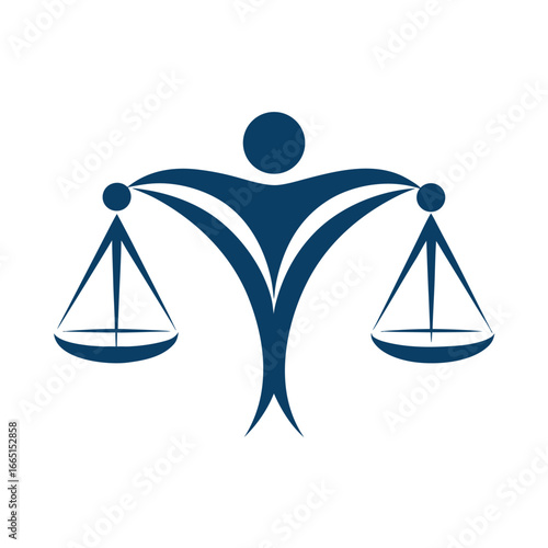Stylized human figure holding scales of justice in dark blue on white background balance legal