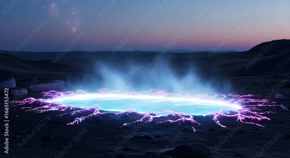 Naklejka premium Surreal desert landscape featuring a mysterious, glowing turquoise pool with purple and pink energy emanating from the edges under a starry night sky, creating a science fiction atmosphere.