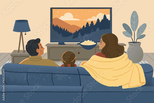 Cozy family enjoys movie night with popcorn and blanket.