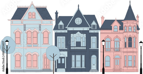 Colorful Victorian style houses, street view architecture, urban cityscape with vintage buildings, historical homes, classic facades, elegant old town design