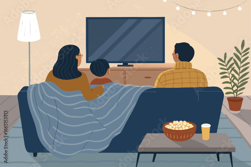 Family enjoying movie night with popcorn and a cozy blanket.