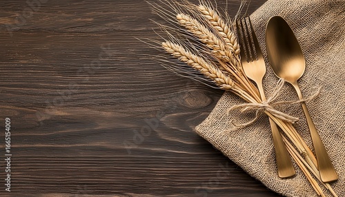 Rustic place setting with wheat blank card. Rural tabletop arrangement alongside grain empty notice natural theme simple decoration countryside style invitation stationery greeting