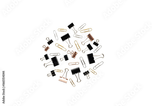 Scattered binder clips and paper clips on transparent background

