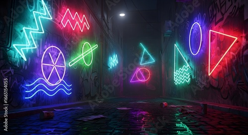 A vibrant neon alleyway scene glows with geometric shapes, creating a futuristic, urban aesthetic with graffiti and reflections on wet cobblestones.