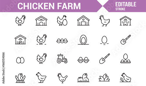Set of agricultural icons for chicken farms, egg production, and farming