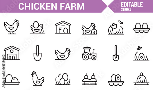 Collection of poultry farm icons featuring chickens, eggs, and farming tools