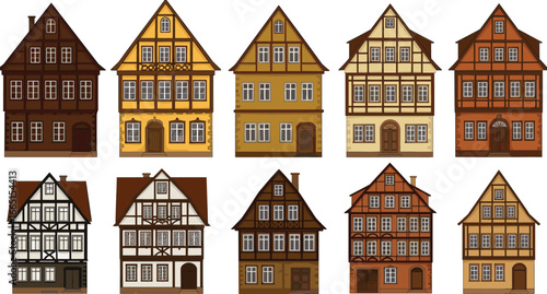 Traditional German timber frame houses, vintage European village architecture, rustic old buildings, historical street facades, charming countryside homes, medieval town style