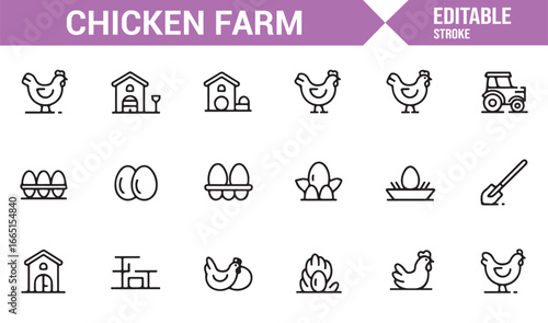 Editable chicken farm and poultry farming icons for agriculture projects