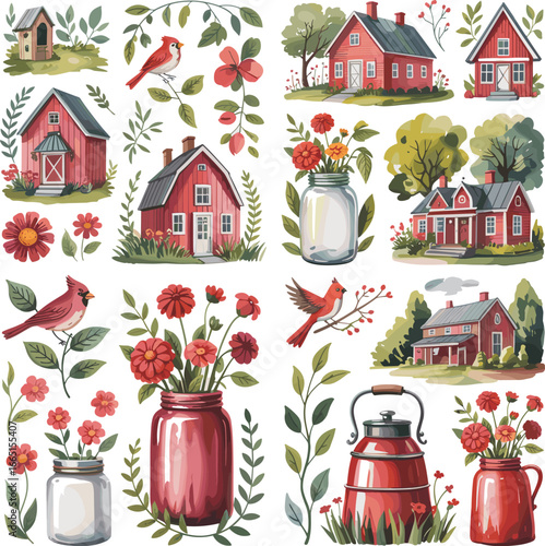 Watercolor farmhouse illustration set, rustic red barns, country homes, floral jars, cardinals, vintage decor, cozy countryside art, rural living charm